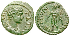 "Moesia Inferior, Nicopolis ad Istrum. Geta. As Caesar, A.D. 198-209. AE assarion (16.5 mm, 2.28 g, 7 h). A CЄΠ K ΓETAC, bare-headed, draped, and cuir...