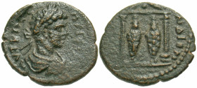 "Pamphylia, Aspendus. Geta. As Caesar, A.D. 198-209. AE 17 (17.3 mm, 2.51 g, 12 h). Laureate, draped and cuirassed bust of Geta right / Two cult statu...