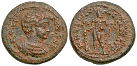 "Cilicia, Isaura Nova. Geta. As Caesar, A.D. 198-209. AE 21 (20.8 mm, 5.40 g, 6 h). ΠΟ ЄΠ ΓЄΤΑ Κ, bare-headed, cuirassed bust of Geta right, seen from...