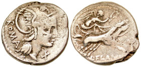 "Decimius Flavus C.n.. ca. 145-138 B.C. AR denarius (19.3 mm, 3.88 g, 7 h). Struck 150 A.D.. ROMA, ROMA behind head of Roma right wearing crested Cori...