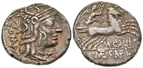 "M. Calidius, Q. Metellus, and Cn. Fulvius. 117-116 B.C. AR denarius (19.2 mm, 3.70 g, 5 h). Rome mint. ROMA, Helmeted head of Roma right; monogram be...