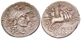 "Q. Curtius and M. Junius Silanus. 116-115 B.C. AR denarius (19.3 mm, 3.92 g, 9 h). Q·CVRT, Roma in crested helmet right; X behind; Q·CVRT before / M·...
