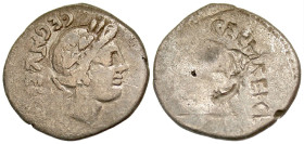 "C. Egnatuleius C.f. 97 B.C. AR quinarius (16.6 mm, 1.78 g). Rome mint. C EGNATVLEI·C·F, laureate head of Apollo right / Brockage of obverse. Crawford...