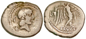 "L. Calpurnius Piso Frugi. 90 B.C. AR quinarius (14.8 mm, 2.20 g, 5 h). Rome mint. Laureate head of Apollo to right; control mark behind / Victory sta...