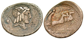 "L. Julius Bursio. 85 B.C. AR denarius (20.7 mm, 3.54 g, 2 h). Rome mint. Laureate, winged, and draped bust of Apollo Vejovis right; trident and goat ...