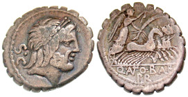 "Q. Antonius Balbus. 83-82 B.C. AR serrate denarius (18.9 mm, 3.62 g, 11 h). Rome mint. S·C, laureate head of Jupiter right / Q·ANTO·BALB/PR, Victory ...