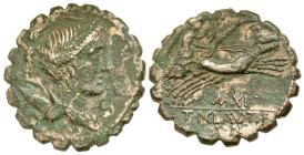 "Ti. Claudius Ti.f. Ap.n. Nero. 79 B.C. AR fourree serrate denarius (20.1 mm, 3.36 g, 10 h). Rome mint. Diademed and draped bust of Diana right, with ...