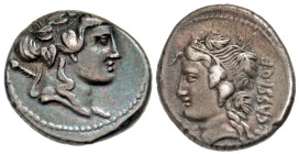 "L. Cassius Q.f. Longinus. 75 B.C. AR denarius (17.5 mm, 3.89 g, 9 h). Struck 75 B.C. anepigraphic, Head of young Bacchus or Liber left, wreathed with...