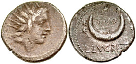 "L. Lucretius Trio. 74 B.C. AR denarius (18 mm, 3.79 g, 12 h). laureate head of Neptune right, trident behind / L·LVCRETI TRIO, winged Genius riding d...