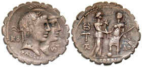 "Q. Fufius Calenus and Mucius Cordus. 68 B.C. AR serrate denarius (19.9 mm, 3.16 g, 5 h). Rome mint. Jugate heads right of Honos, laureate, and Virtus...