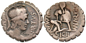 "Manlius. Aquillius Mn. f. Mn. n. 65 B.C. AR denarius (17.5 mm, 3.73 g, 5 h). "Denarius Serratus". Struck 65 B.C. III VIR // VIRTVS, titlature above a...
