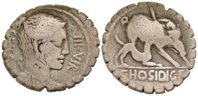 "C. Hosidus C.f. Geta. 64 B.C. AR serrate denarius (19.3 mm, 3.43 g, 6 h). Rome. GETA, III·VIR, draped bust of Diana right, bow and quiver over should...