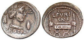 "L. Furius Cn.f. Brocchus. 63 B.C. AR denarius (19.4 mm, 3.67 g, 9 h). Struck 62 B.C. [I]II - VIR // BROCCHI, draped bust of Ceres wreathed with grain...