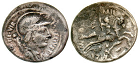 "P. Fonteius P. f. Capito. 55 B.C. AR denarius (18.5 mm, 2.12 g, 12 h). Rome mint, Struck 55 B.C. P · [FON]TEIVS · P · f · [CAPT]IO · III · VIR , helm...
