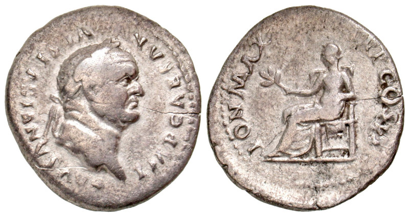 "Vespasian. A.D. 69-79. AR denarius (20.4 mm, 2.56 g, 6 h). Rome mint, Struck A....