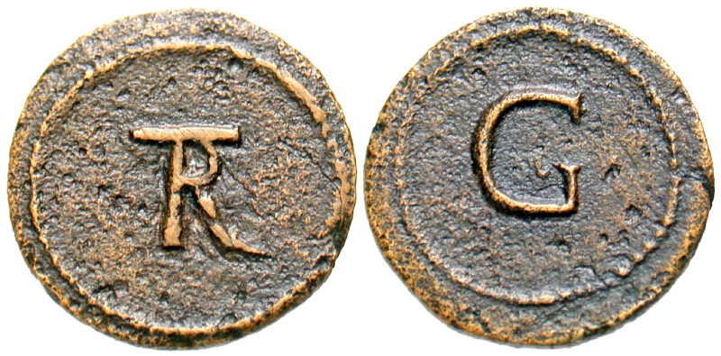 "Anonymous. Ca 1st - 2nd Century A.D AE tessera (16.8 mm, 1.79 g, 5 h). TR monog...