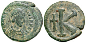 "Anastasius I. 491-518. AE half follis (21.8 mm, 5.29 g, 7 h). Constantinople mint. Diademed bust right / Large K, cross to left. SBCV 23. aEF. "