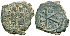 "Justin II. 565-578. AE half follis (21.9 mm, 5.60 g, 7 h). Thessalonica mint, struck 569/570. D N IVSTINVS PP AV, Justin II and Sophia seated on thro...