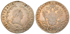 "Austria. Franz II. 1792-1835. 20 Kreuzer (27.6 mm, 6.54 g, 12 h). .583 SR. Vienna mint, 1822B. AVST : IMPERATOR · FRANCISCVS I : D : G :, laureate bu...