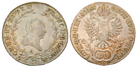 "Austria. Franz II. 1792-1835. 20 Kreuzer (27.7 mm, 6.54 g, 12 h). .583 SR. Vienna mint, 1804B. GERM : HV · BO : FRANCISC I : D : G : R : I : S :A, la...