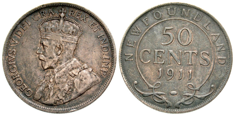 "Canada, Newfoundland. George V. 1910-1936. AR 50 cents. 1911. KM 524. EF, toned...