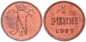 "Finland. Nicholas II. 1894-1917. 1 penni. CU. Helsinki mint, 1909. Crowned monogram / 1 / PENNI / 1909, denomination and date in three lines. KM 13. ...