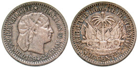 "Haiti. 10 centimes. Tiara head, right / National arms. KM 44. AU/UNC, toned. "