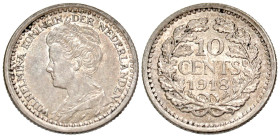 "Netherlands. Wilhelmina. 1918. AR 10 cents. KM 145. AU. "
