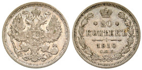 "Russia. Nicholas II. 1894-1917. 20 kopecks. St. Petersburg Mint, 1910. Km Y 22a.1. EF. "