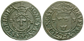 "Sweden. Johann III. A.D. 1568-1592. Billon 2 Öre (25 mm, 2.44 g, 1 h). Type III. Stockholm mint, 1573. Crowned Vasa arms / Crowned arms of Sweden. SM...
