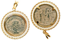 "Coin Jewelry. Handmade 14K gold pendant, Roman Imperial. Probus. A handmade 14K gold fitted pendant, looped for suspension, housing a bronze coin of ...
