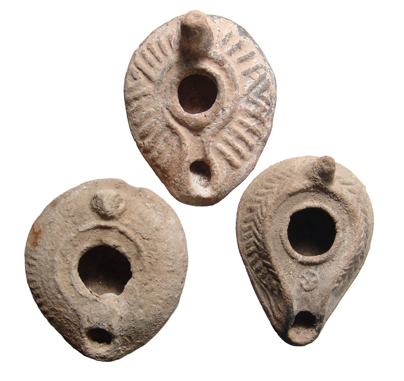 "Lot of 3 Byzantine lamps, ca. 6th - 8th Century A.D. , each with raised decorat...