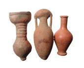 "A lot of 3 Romano-Egyptian ceramic votive vessels, ca. 1st - 3rd Century A.D. , an include an amphora with two vertical handles, H: 3 ? in. (9.5 cm),...