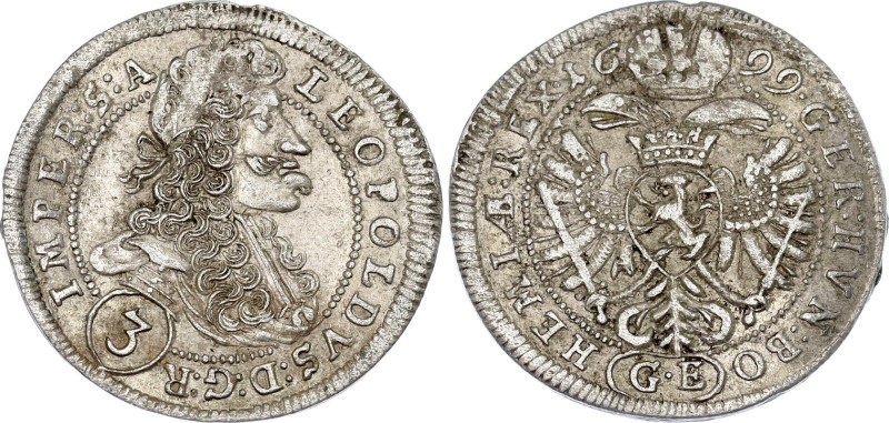 Bohemia 3 Kreuzer 1699 GE
KM# 590, N# 43302; Silver; Leopold I; Prague Mint; VF...