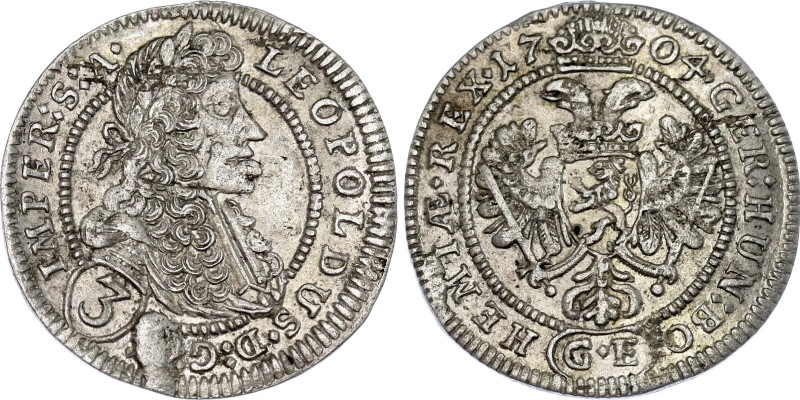 Bohemia 3 Kreuzer 1704 GE
KM# 590, N# 43302; Silver; Leopold I; Prague Mint; VF...
