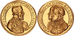 Austria Gold Medal of 8 Dukat 1577 (ND) R Restrike
Obv: Portrait of Maximillian II with his wife - 1577. Rev: Portrait of Ferdinand I - 1563. Very be...