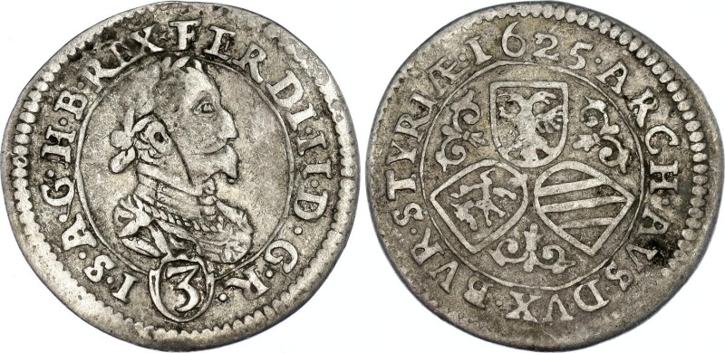 Austria 3 Kreuzer 1625
KM# 493, N# 45852; Silver; Ferdinand II; Graz Mint; VF