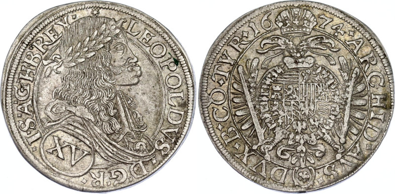 Austria 15 Kreuzer 1674 ✿
KM# 1170, Her# 925, N# 34748; Silver; Leopold I; Vien...