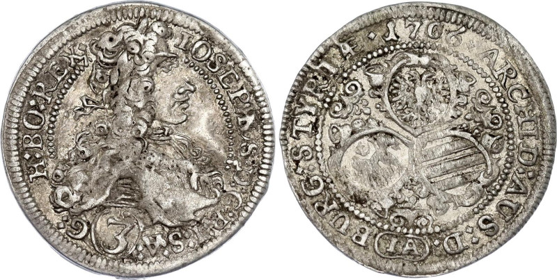 Austria 3 Kreuzer 1706 IA
KM# 1463, N# 78787; Silver; Leopold I; Graz Mint; VF
