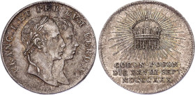 Austria Silver Coronation Medal 1830
Silver 3.28 g., 20 mm; Obv: FRANC . I . ET PER EVM FERD . V . The conjoined heads of Francis I, laureated and Fe...