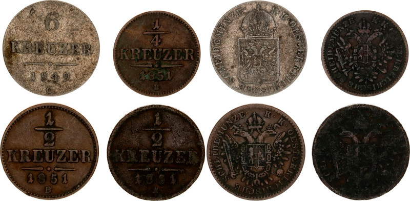 Austria 1/4 & 2 x 1/2 & 6 Kreuzer 1849 - 1851
KM# 2180, 2181, 2200; Copper & Si...