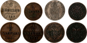 Austria 1/4 & 2 x 1/2 & 6 Kreuzer 1849 - 1851
KM# 2180, 2181, 2200; Copper & Silver; Franz Joseph I; F-VF