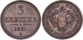 Austria 3 Kreuzer 1851 A
KM# 2193, N# 18826; Copper; Franz Joseph I; XF-