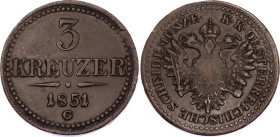 Austria 3 Kreuzer 1851 G
KM# 2193, N# 18826; Copper; Franz Joseph I; VF+