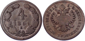 Austria 4 Kreuzer 1861 E
KM# 2194, N# 13819; Copper; Franz Joseph I; VF