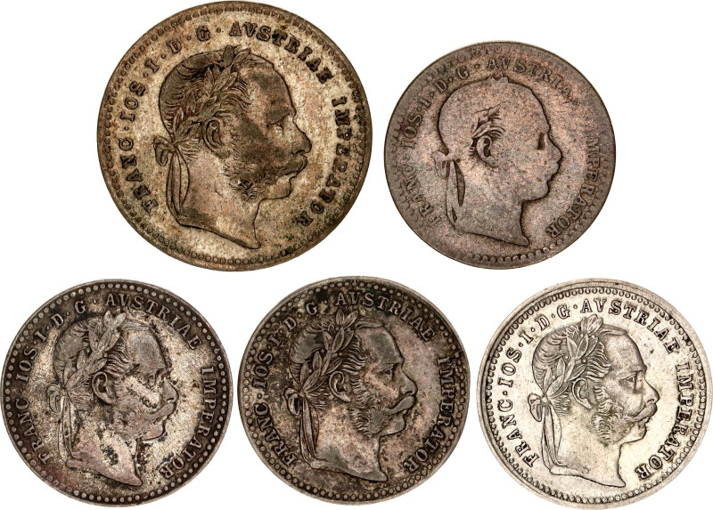 Austria 4 x 10 & 20 Kreuzer 1868 - 1872
KM# 2206, 2212; Silver; Franz Joseph I;...