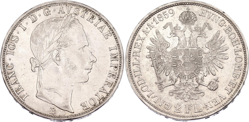 Austria 2 Florin 1859 B
KM# 2230, N# 33642; Silver; Franz Joseph I; AUNC, with ...