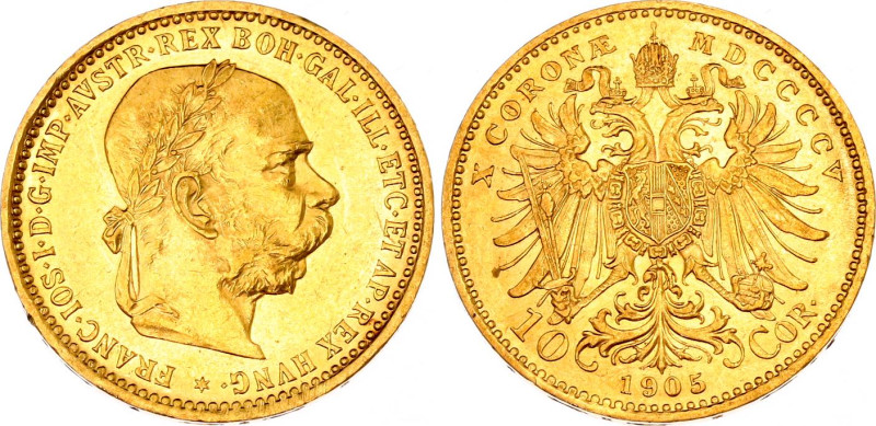 Austria 10 Corona 1905
KM# 2805, N# 33244; Gold (.900) 3.38 g., 19 mm.; Franz J...