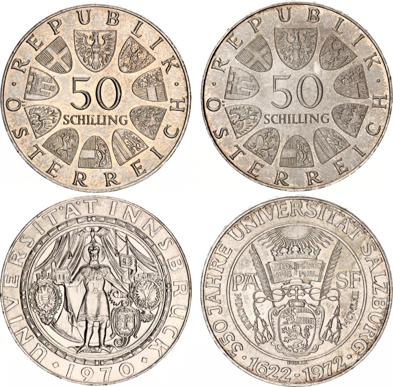 Austria 2 x 50 Schilling 1970 - 1972
KM# 2908, 2913; Silver; 300th Anniversary ...