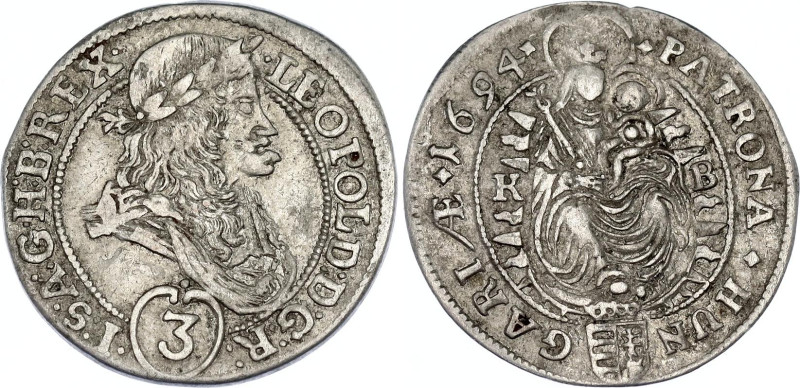 Hungary 3 Krajczar 1694 KB
KM# 236, ÉH# 1085.a, H# 1466, N# 38909; Silver; Leop...